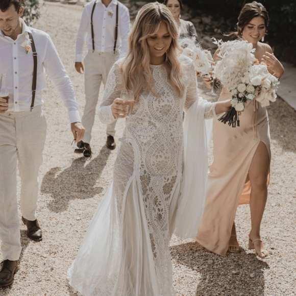 Grace Loves Lace Inca Lace Silk Wedding Dress Size Small Ivory/Nude and Tan - Picture 7 of 16